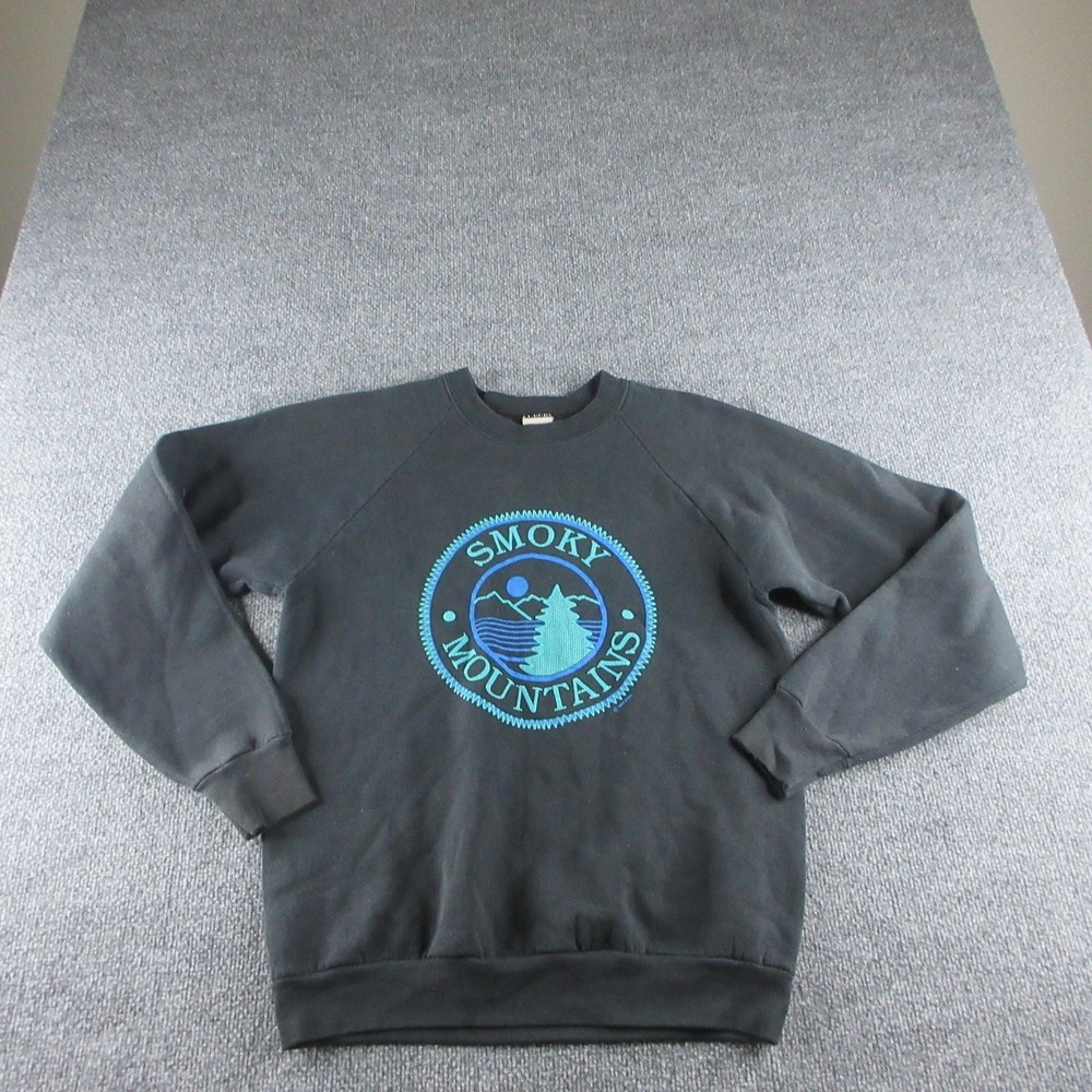Vintage Smoky Mountains Sweatshirt Mens L Black Crew Neck Pullover Made USA 80s